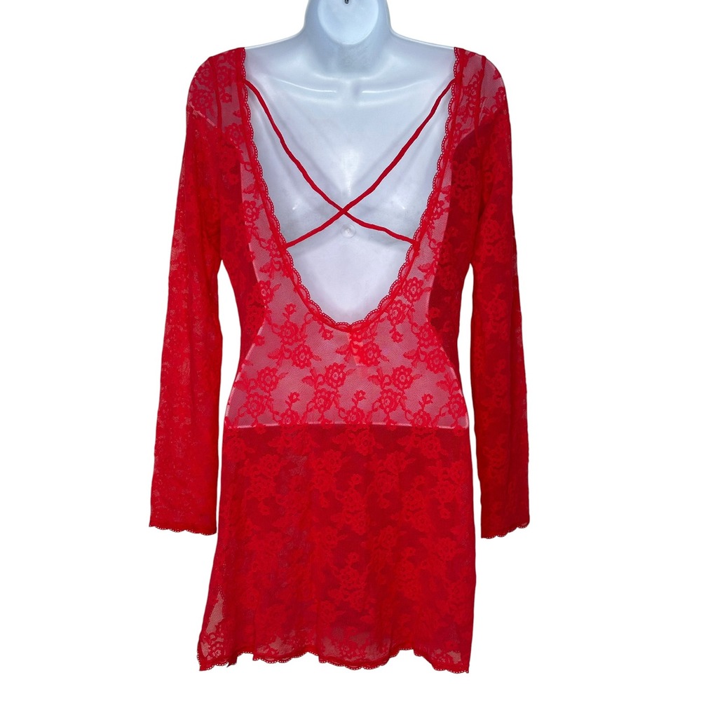 Victoria's Secret Lace Slip Dress Large Red Sheer Backless L/S Mini Nighty - Picture 2 of 8